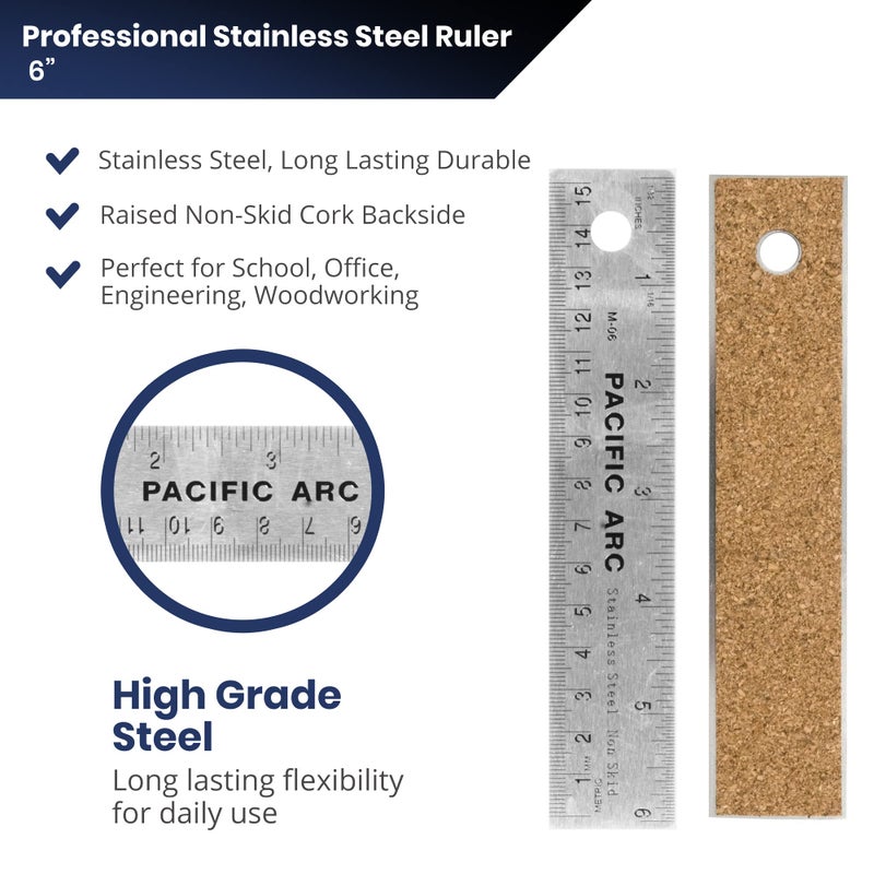 Pacific Arc Stainless Steel 6 Inch Metal Ruler Non-Slip Cork Back, with Inch and Metric Graduations - Image 2